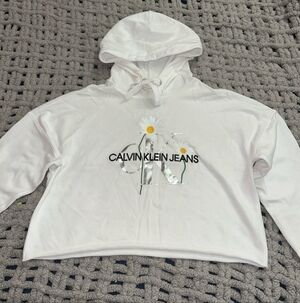 Calvin Klein White Hoodie with Floral Design Cropped